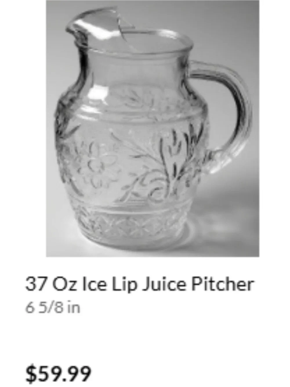 Vintage 37 Oz Ice Lip Juice Pitcher Sandwich Clear by Anchor Hocking